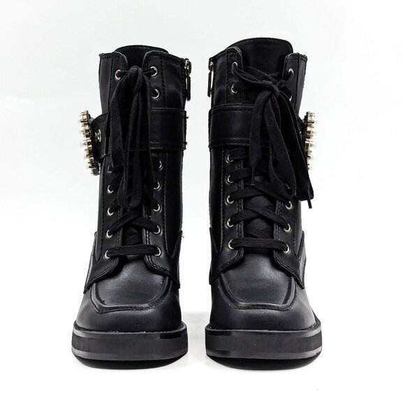 DKNY Women Dottie Black Leather Buckle Pearl Heel Combat boots size 7.5 - Picture 3 of 12